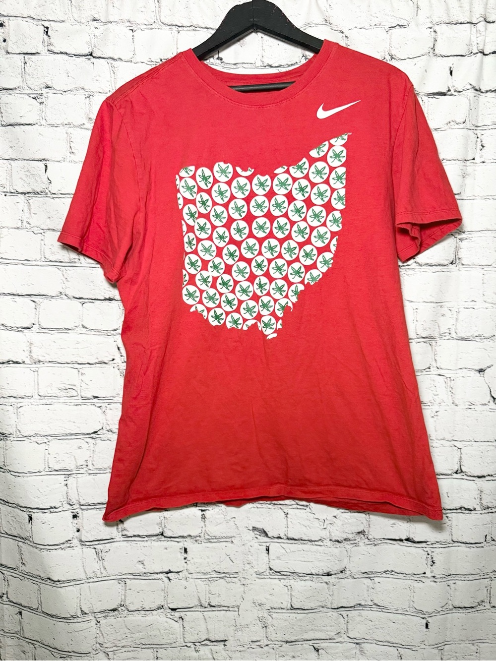Nike Red Crewneck Tee with White Swoosh Tag Print. Size L